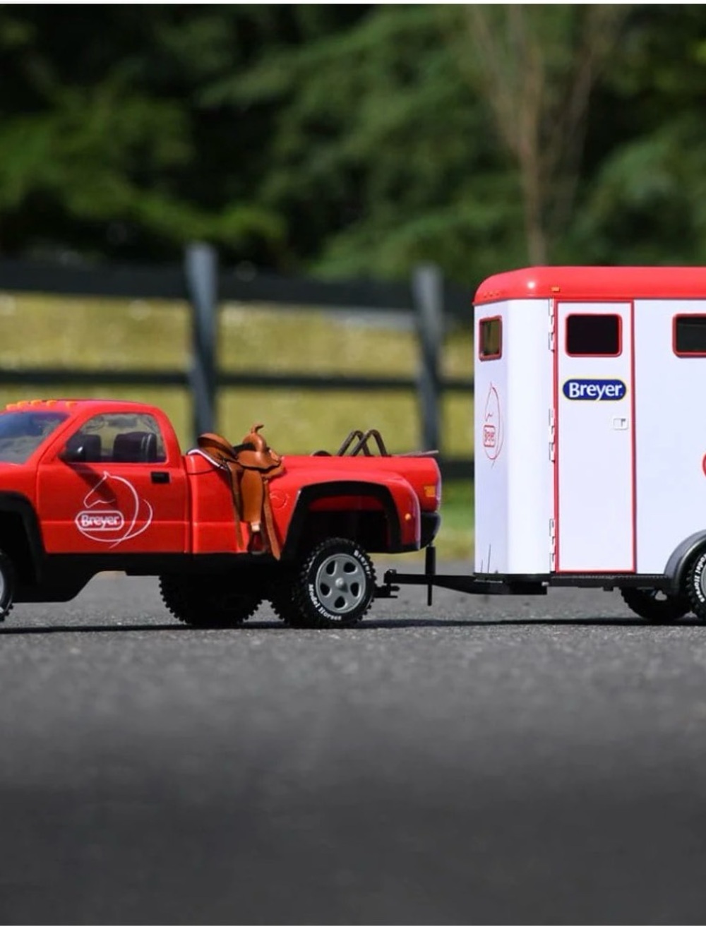 Breyer Red Pickup Truck with White Horse Trailer and Saddle